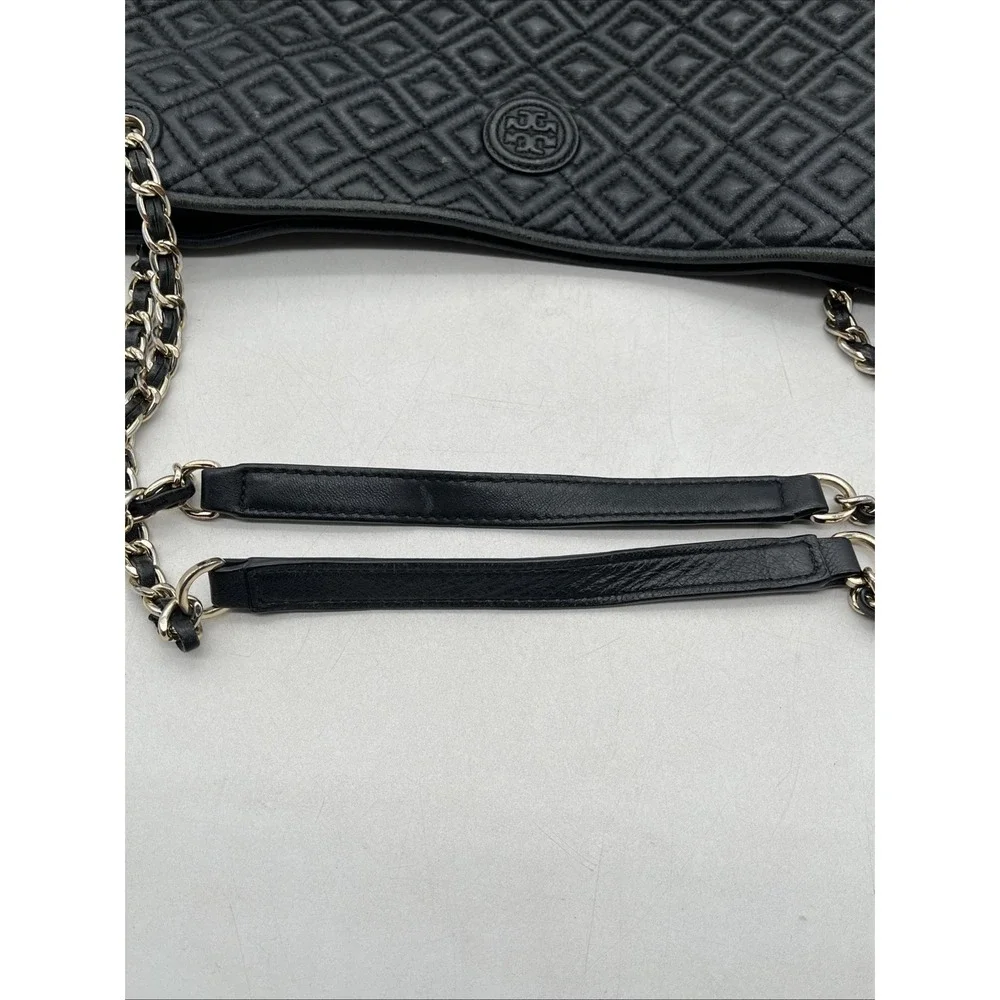 Tory Burch Marion Black‎ Quilted Leather Tote Bag Chain Strap Large